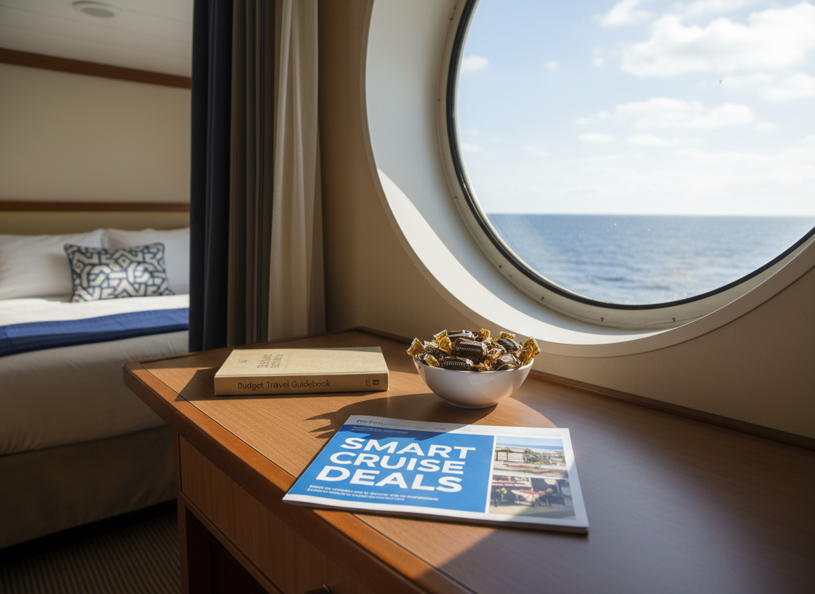 A cozy cruise ship cabin scene arranged to show value and comfort, with a compact desk positioned beside a large round porthole window overlooking a sunlit ocean. On the desk sits a printed brochure titled “Smart Cruise Deals,” a closed budget travel guidebook, and a small bowl filled with wrapped chocolates labeled “complimentary.” Soft midday natural light streams through the porthole, reflecting gently off the glossy brochure cover and creating subtle highlights on the polished wood surface. The bed in the background is neatly made with a simple navy throw and geometric-patterned pillow, slightly blurred to emphasize the planning materials. Captured in photographic realism at a three-quarter angle, the mood is calm, optimistic, and reassuring, emphasizing that a cruise can feel indulgent even with careful budgeting.