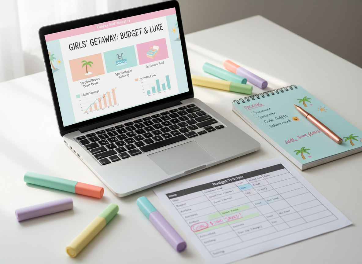 A lively, colorful desktop workspace dedicated to planning a budget-friendly girls’ trip, set on a clean white desk surface. An open laptop displays a mock travel itinerary with discounted resort and spa icons, while beside it lies a spiral notebook filled with handwritten packing checklists and doodled palm trees. A scattered assortment of pastel highlighters, a metallic rose-gold pen, and a budget tracker sheet with highlighted savings goals bring playful energy. Natural daylight from the left creates bright, even illumination with gentle shadows that add depth. Shot from a slightly elevated angle with shallow depth of field focused on the itinerary, the photographic image feels energetic, organized, and upbeat, reflecting the excitement of crafting a fabulous trip without overspending.